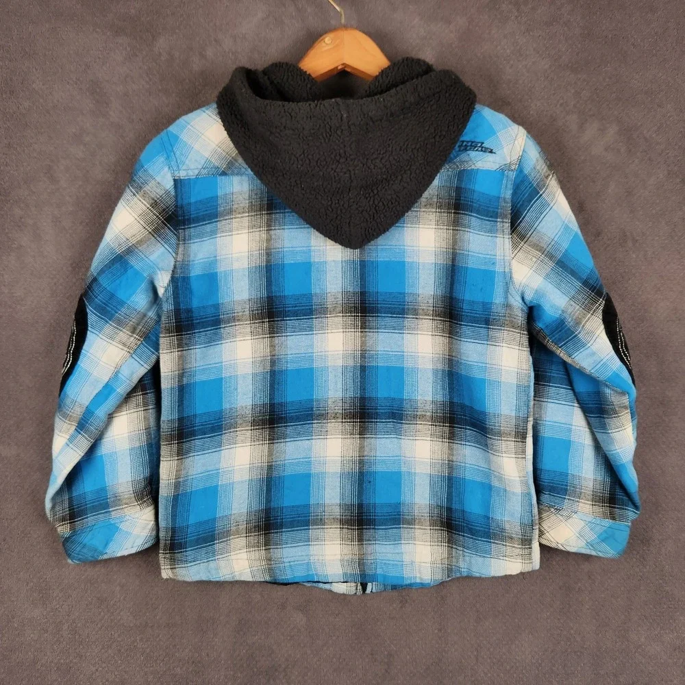 Vintage No Fear Hooded Flannel Shirt Jacket Boys Medium Plaid Skull Elbow Patch